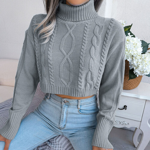 (Grey L) Cropped Twisted Texture Turtleneck Sweater Loose Pullover Blue M 2