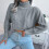 (Grey M) Cropped Twisted Texture Turtleneck Sweater Loose Pullover Blue M 2