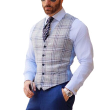 (Plaid Pattern XXXL) Men Casual Suit Vest Plaid Slim Fit V Neck Waistcoat XXL