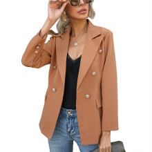 (Khaki L) Women Suit Jacket V Neck Long Sleeve Fake Pockets Button Khaki L