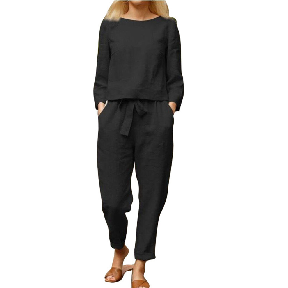 (Black S) 2 Piece Suit Long Sleeve Crewneck Drawstring Waist Wide Leg Beige-image-OPC-PMKYY2K-NEW