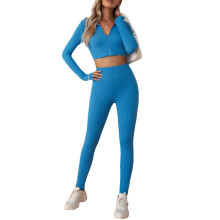 (Blue L) Women Workout Set Zipper Long Sleeve Yoga Tracksuit Grey L