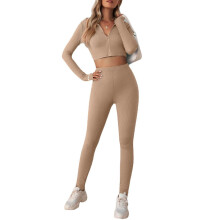 (Khaki M) Women Workout Set Zipper Long Sleeve Yoga Tracksuit Grey L