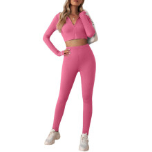 (Pink XL) Women Workout Set Zipper Long Sleeve Yoga Tracksuit Grey L