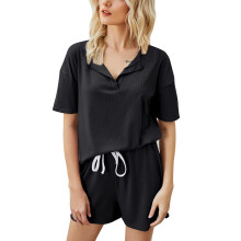 (Black S) Women 2-piece pajamas short sleeve drawstring shorts black S
