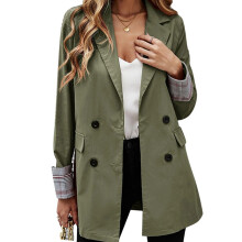 (Army Green S) Women Suit Jacket Lapel Button Pure Color Army Green M