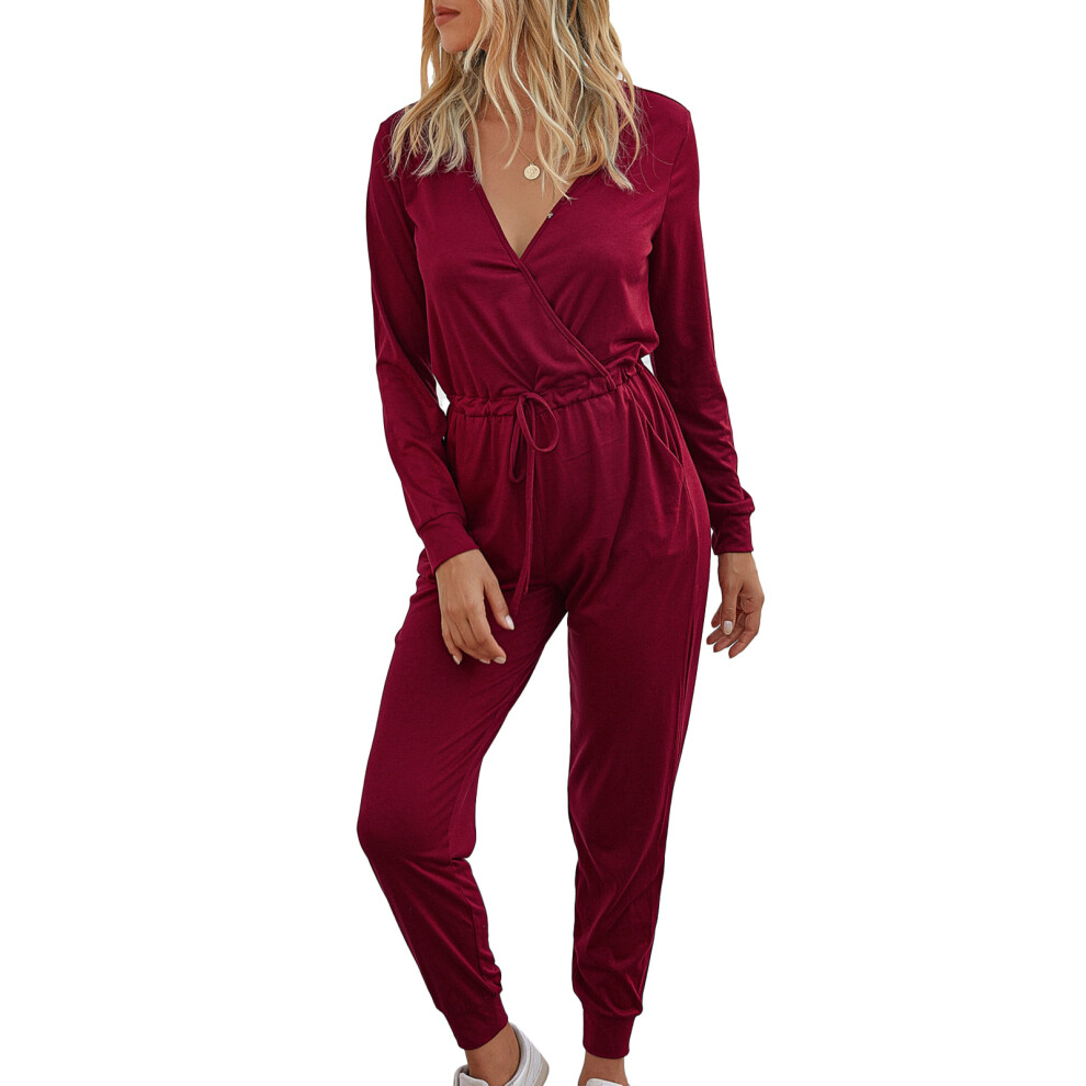 (Wine Red L) Long Sleeve Jumpsuit Slim V Neck Black L-image-OPC-PMKZCBW-NEW