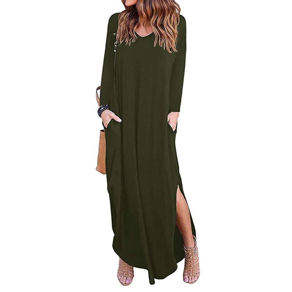 (OD Green M) Long Sleeve V Neck Pocket Maxi Dress Wine Red L-image-OPC-PMKZDFW-NEW