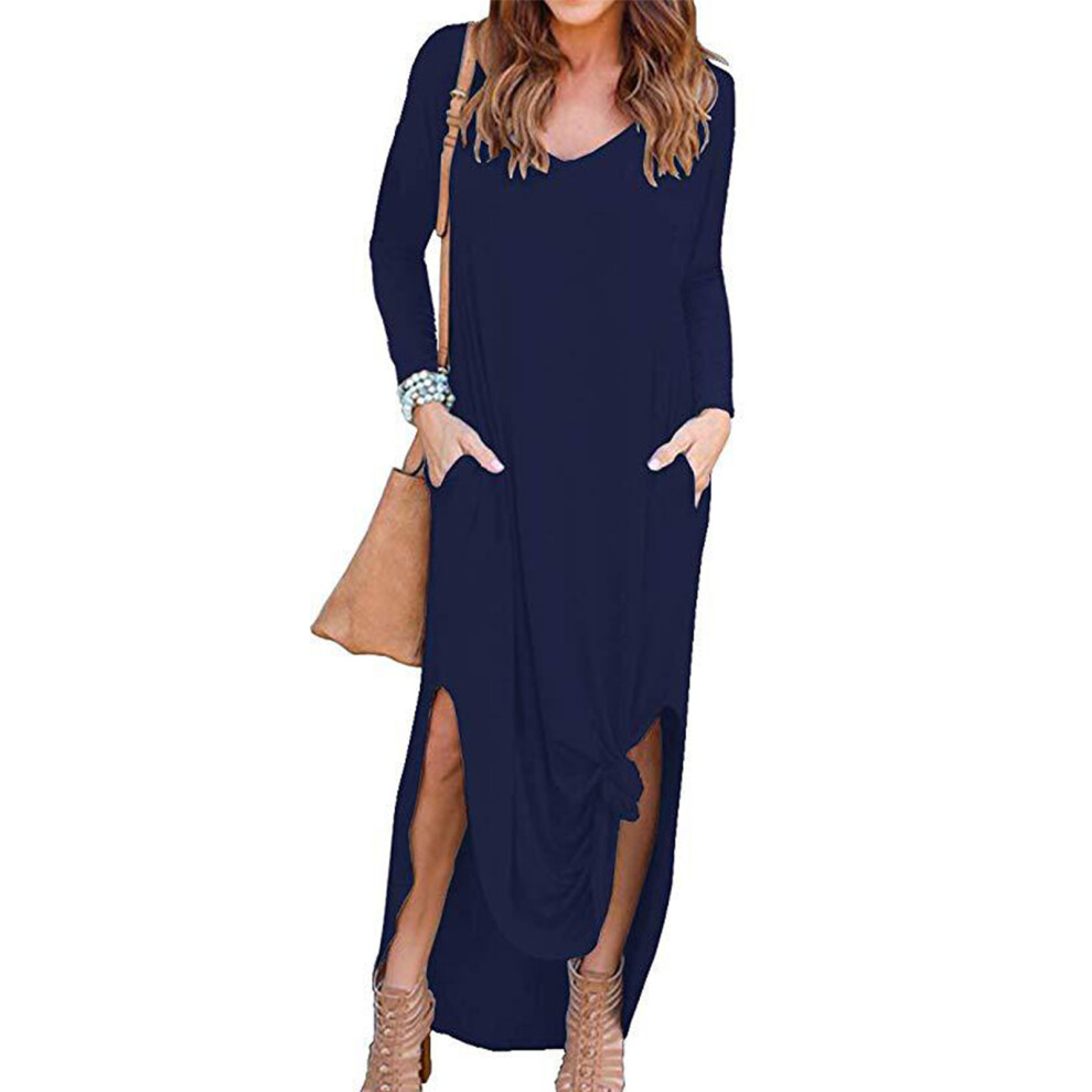 (Purplish Blue M) Long Sleeve V Neck Pocket Maxi Dress Wine Red L-image-OPC-PMKZDFX-NEW