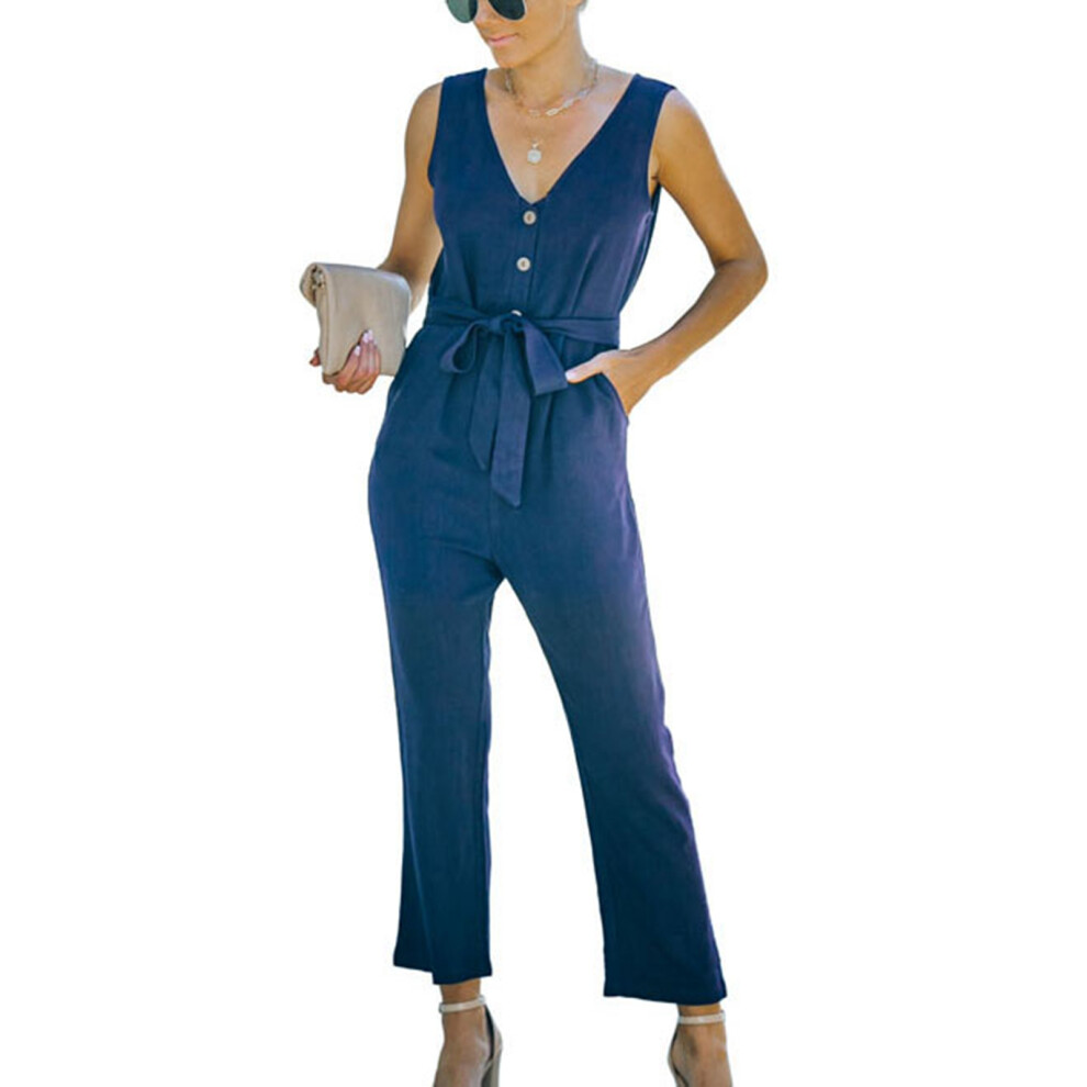 (Dark Blue XL) Women Deep V Neck Belted Jumpsuit Slimming Beige M-image-OPC-PMKZDST-NEW
