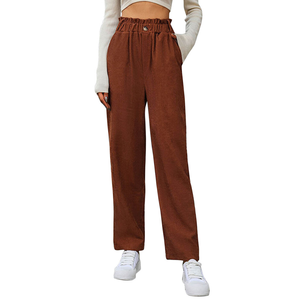 (Light Tan M) Corduroy Pants Straight Leg Button Pocket Elastic Waist Light Tan-image-OPC-PMKZFK6-NEW
