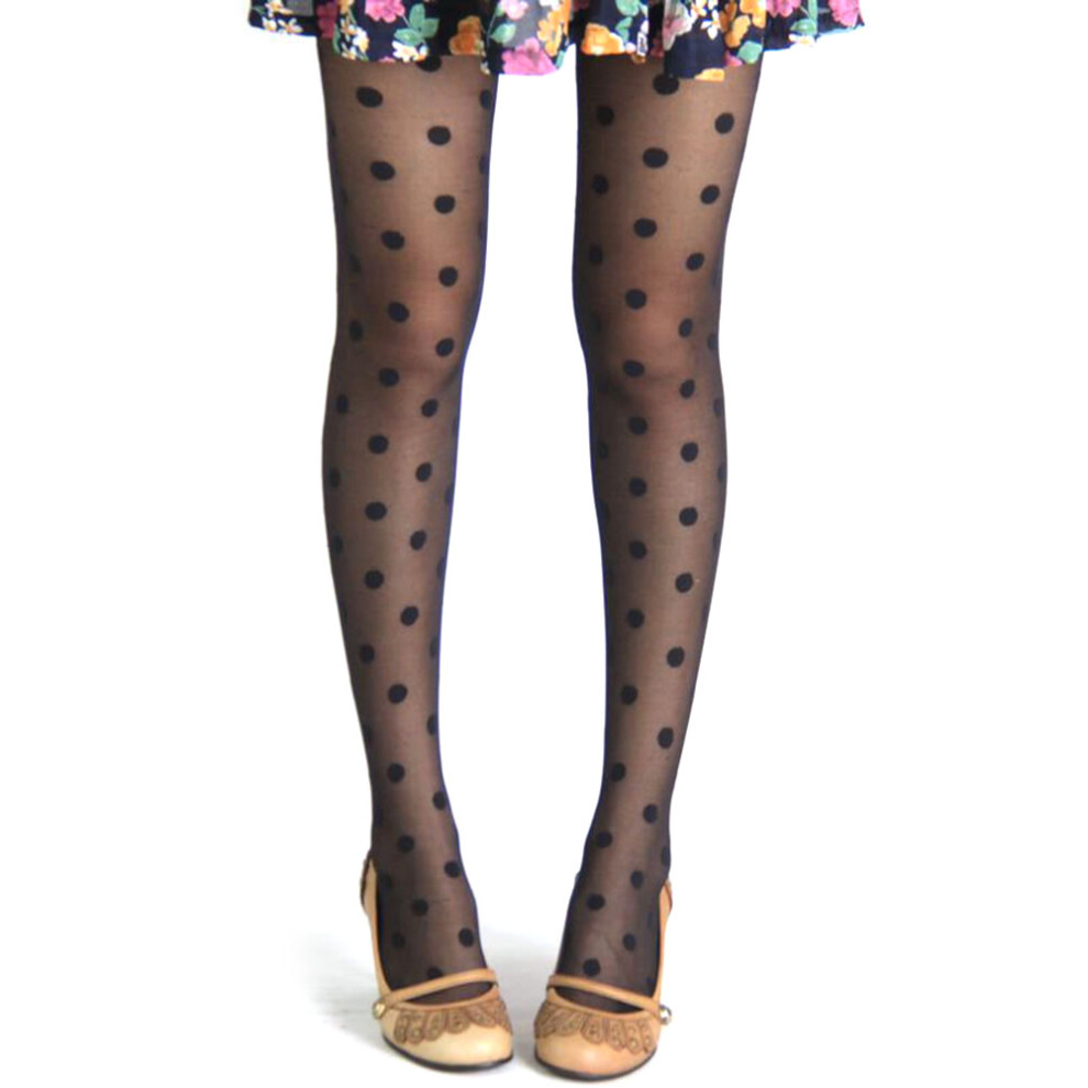 Women Vintage Polka Dot Lace Pantyhose Black Ultra Thin Mesh