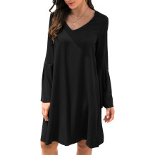 (Black S) Bell Sleeve Dress V Neck Long Sleeves Simple Loose Casual Khaki M
