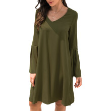 (Green L) Bell Sleeve Dress V Neck Long Sleeves Simple Loose Casual Khaki M