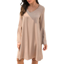 (Khaki S) Bell Sleeve Dress V Neck Long Sleeves Simple Loose Casual Khaki M