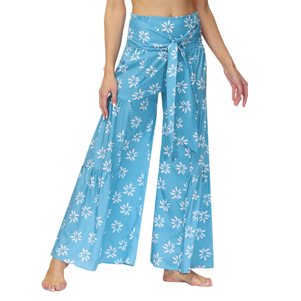 (FKBB001 M) Printed Flare Leg Pants High Waisted Belted Beach Party L-image-OPC-PMKZP76-NEW