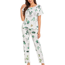 (Cactus L) Pajamas Set Short Sleeve Printing Nightwear Loose Round Neck Cactus XL