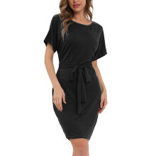 (Black M) Belted Dress Loose Gown Round Neck Bat Sleeve Polyester Red XL