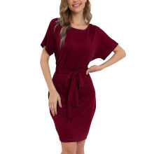 (Red M) Belted Dress Loose Gown Round Neck Bat Sleeve Polyester Red XL