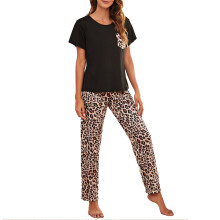 (Black S) Women Leopard Print Pajamas Comfortable Breathable Sleepwear White L