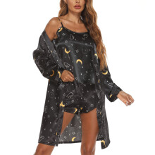 (Black S) 3 Pcs Pajama Set Tank Top Shorts Long Sleeve Robe Sleepwear White M