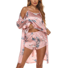 (Pink M) 3 Pcs Pajama Set Tank Top Shorts Long Sleeve Robe Sleepwear White M