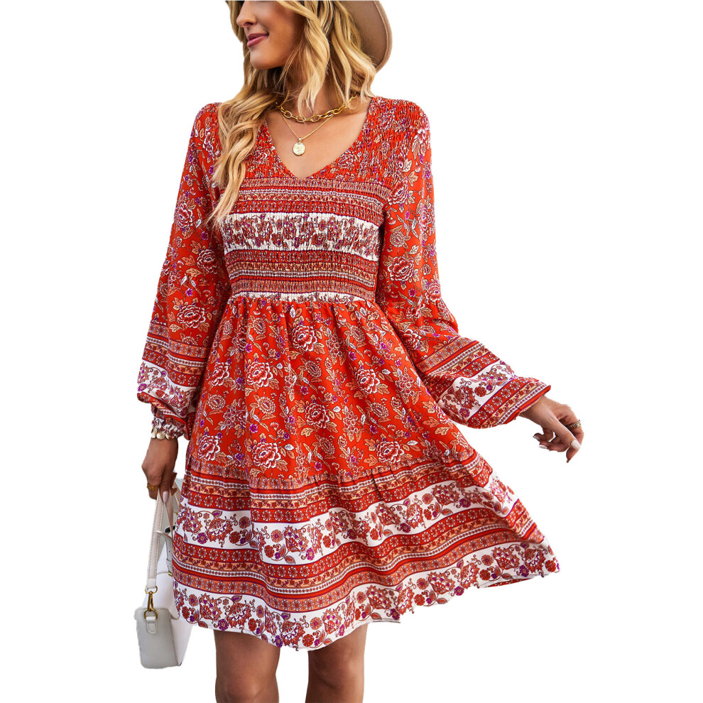 (Red S) V Neck Puff Sleeve Floral Dress Women Beach Party Blue M-image-OPC-PMKZSDY-NEW