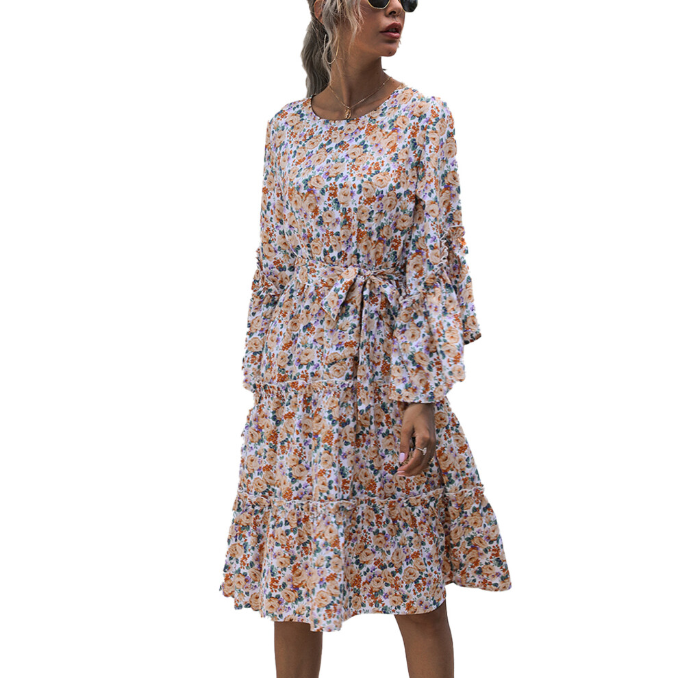 (White XL) Floral Dress Round Neck Flared Long Sleeves High Tie Waist Wine Red M-image-OPC-PMKZSFJ-NEW