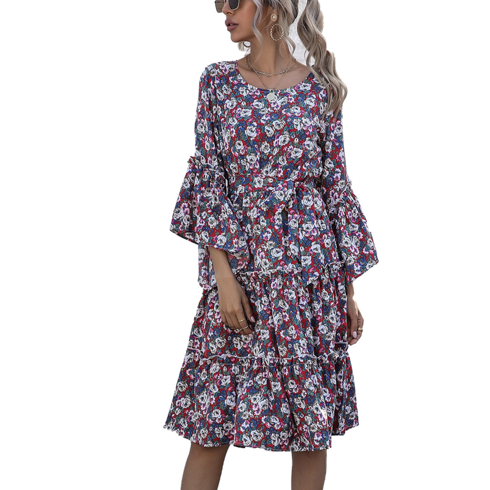 (Wine Red M) Floral Dress Round Neck Flared Long Sleeves High Tie Waist Wine Red M-image-OPC-PMKZSFK-NEW