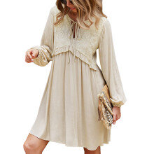 (Apricot M) V Neck Lantern Sleeve Lace Dress Women Pink M