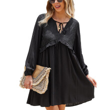 (Black XL) V Neck Lantern Sleeve Lace Dress Women Pink M