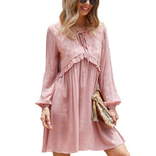 (Pink XL) V Neck Lantern Sleeve Lace Dress Women Pink M