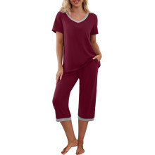 (5 M) Women Pajamas Set Breathable Short Sleeve 2 Pockets Lounge