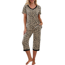 (6 M) Women Pajamas Set Breathable Short Sleeve 2 Pockets Lounge