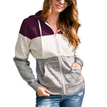 (Purple XXL) Hooded Cardigan Zipper Color Blocking Casual Outwear Women Pink M