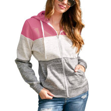 (Pink M) Hooded Cardigan Zipper Color Blocking Casual Outwear Women Pink M