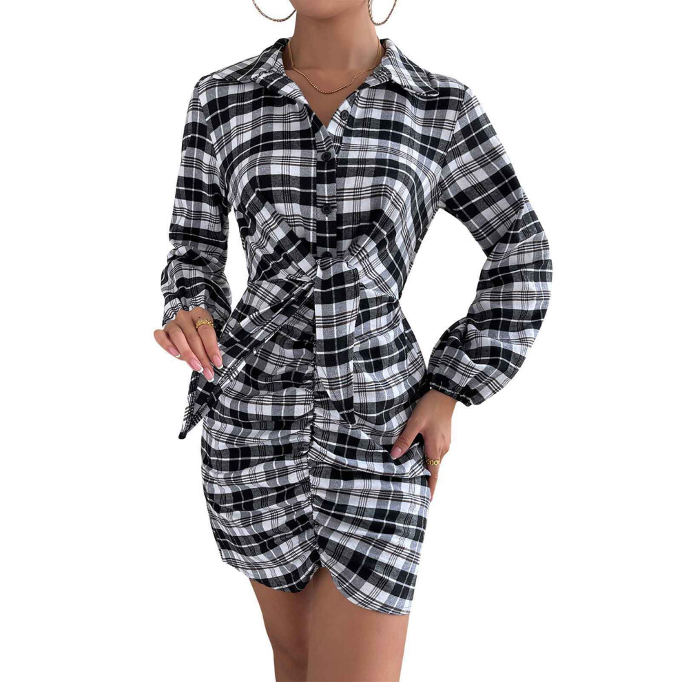 (Black and White S) Long Sleeve Lapel Knotted Shirt Dress Red S-image-OPC-PMKZVR5-NEW