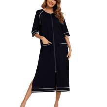 (Black M) Pregnant Nightgown Loose Zipper Front Sleepwear Navy Blue XXL