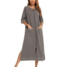 (Gray M) Pregnant Nightgown Loose Zipper Front Sleepwear Navy Blue XXL