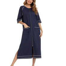 (Navy Blue L) Pregnant Nightgown Loose Zipper Front Sleepwear Navy Blue XXL