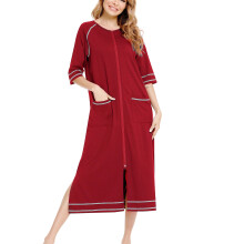 (Burgundy L) Pregnant Nightgown Loose Zipper Front Sleepwear Navy Blue XXL
