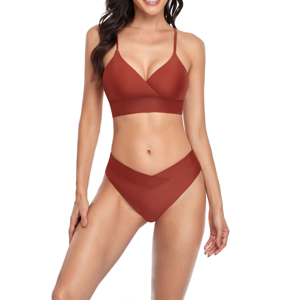 (Wine Red S) Triangle Two Piece Bathing Suit Pure Color Comfortable Green S-image-OPC-PMKZWD6-NEW