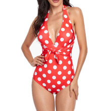 (Red S) Backless V-Neck Polka Dot One Piece Swimsuit Women Blue S
