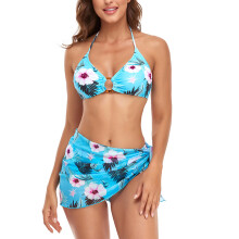 (Blue S) 3pcs Women Bikini Set Halter Wrap Top High Waist Yellow XL