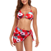 (Red S) 3pcs Women Bikini Set Halter Wrap Top High Waist Yellow XL