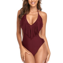 (Wine Red XL) Halter Tassel One Piece Swimsuit Women Blue S