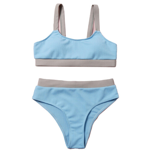 (Blue M) High Waist Bikini Elastic Split Swimwear Grey S