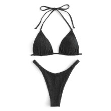 (Black M) Swimwear Wavy Grain Low Waist Elastic Bathing Suit Green L