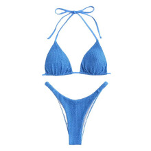 (Blue M) Swimwear Wavy Grain Low Waist Elastic Bathing Suit Green L