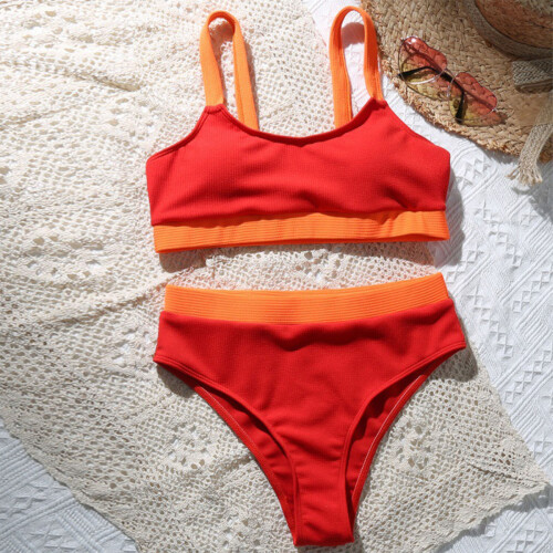 (Red S) High Waist Bikini Elastic Split Swimwear Grey S 1